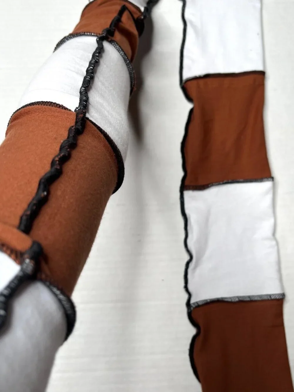 Long Striped Gloves Brown Hand Warmers White Armwarmers Cotton Patchwork Sleeves
